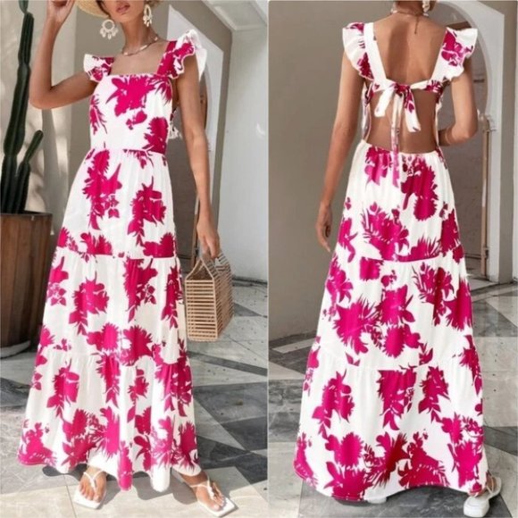 pink floral butterfly sleeve ruffle hem tie back dress - Picture 2 of 8